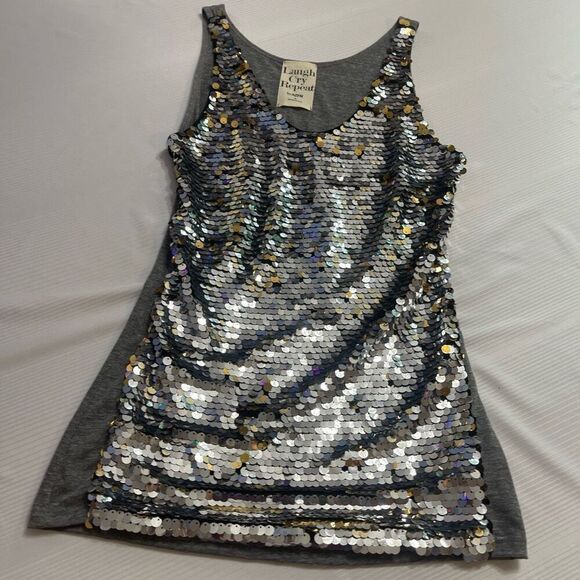 Laugh Cry Repeat By AZFN Silver Grey Sequin Tank Top Size Small - Picture 1 of 5